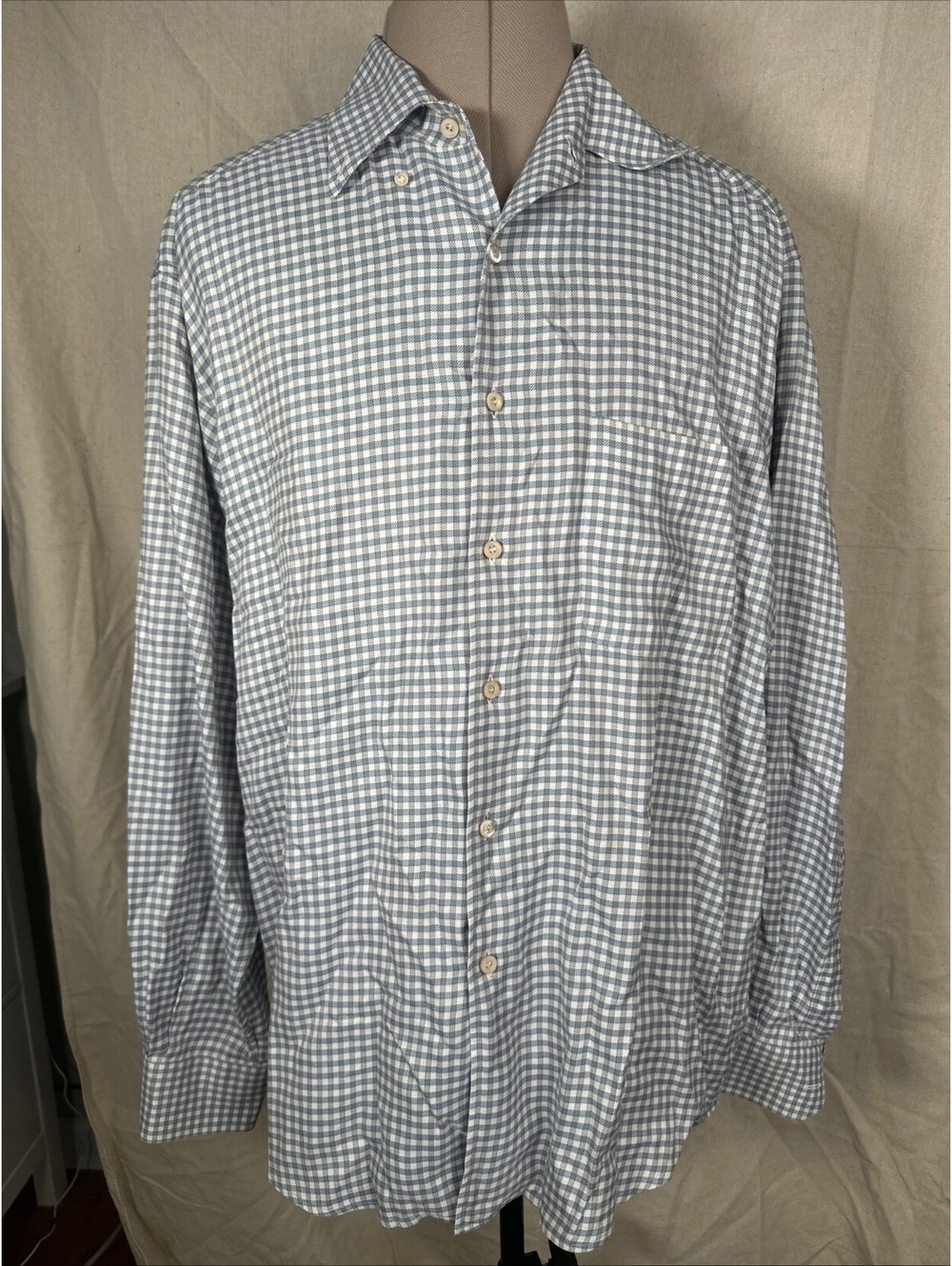 Ermenegildo Zegna Mens XL Shirt Check Button Cotton Italy